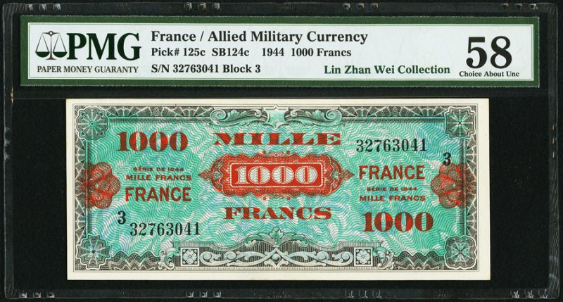 France Allied Military Currency 1000 Francs 1944 Pick 125c PMG Choice About Unc ...