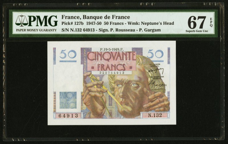 France Banque de France 50 Francs 19.5.1949 Pick 127b PMG Superb Gem Unc 67 EPQ....