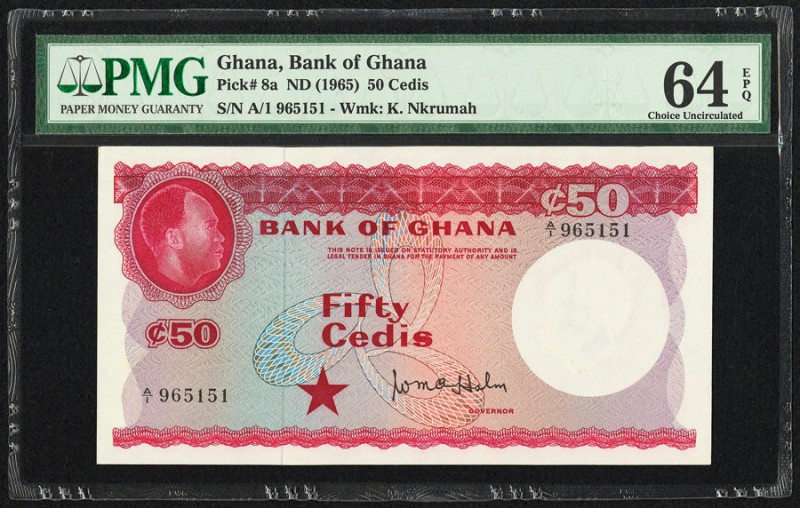 Ghana Bank of Ghana 50 Cedis ND (1965) Pick 8a PMG Choice Uncirculated 64 EPQ. 
...