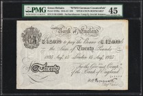 Great Britain Bank of England 20 Pounds 15.8.1935 Pick 337Ba "Operation Bernhard" PMG Choice Extremely Fine 45. Minor stains.

HID09801242017