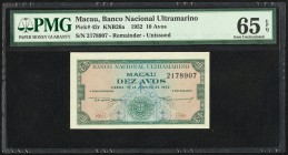 Macau Banco Nacional Ultramarino 10 Avos 19.1.1952 Pick 42r Remainder PMG Gem Uncirculated 65 EPQ. 

HID09801242017