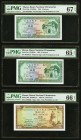 Macau Banco Nacional Ultramarino 5 (2); 10 Patacas 8.8.1981 (2); 12.5.1984 Pick 58c (2); 59d PMG Superb Gem Unc 67 EPQ; Gem Uncirculated 65 EPQ; Gem U...