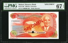 Malawi Reserve Bank of Malawi 5 Kwacha 1.3.1986 Pick 20s Specimen PMG Superb Gem Unc 67 EPQ. Cancelled with one punch hole.

HID09801242017