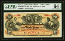 Mexico Banco de Coahuila 20 Pesos ND (1898-1914) Pick S197s M169s Specimen PMG Choice Uncirculated 64 EPQ, 2 POCs. 

HID09801242017