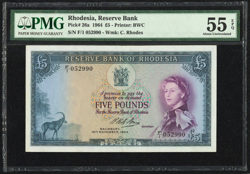 Rhodesia Reserve Bank of Rhodesia 5 Pounds 10.11.1964 Pick 26a PMG About Uncircu...