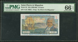 Saint Pierre and Miquelon Caisse Centrale de la France d'Outre Mer 5 Francs ND (1950-60) Pick 22 PMG Gem Uncirculated 66 EPQ. 

HID09801242017