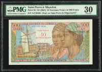 Saint Pierre and Miquelon Caisse Centrale de la France d'Outre Mer 10 Nouveaux Francs on 500 Francs ND (1964) pick 33 PMG Very Fine 30. 

HID098012420...