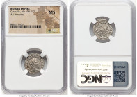 Caracalla (AD 198-217). AR denarius (19mm, 7h). NGC MS. ANTONINVS PIVS-AVG BRIT, laureate head of Caracalla right / P M TR P XV COS III P P, Annona en...