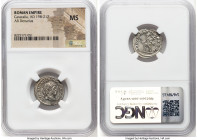 Caracalla (AD 198-217). AR denarius (19mm, 7h). NGC MS. Rome, AD 213-217. ANTONINVS PIVS AVG GERM, laureate head of Caracalla right / MARTI PROPVGNATO...