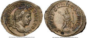 Caracalla (AD 198-217). AR denarius (21mm, 6h). NGC AU. Rome, AD 216. ANTONINVS PIVS AVG GERM, laureate head of Caracalla right / P M TR P XVIIII-COS ...