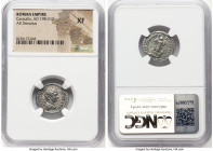 Caracalla (AD 198-217). AR denarius (19mm, 7h). NGC XF. Rome, AD 202. ANTONINVS-PIVS AVG, laureate, draped, and cuirassed bust of youthful Caracalla r...