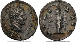 Caracalla (AD 198-217). AR denarius (19mm, 6h). NGC Choice VF. Rome, AD 215. ANTONINVS PIVS AVG BRIT, laureate head of Caracalla right / MONETA AVG, M...