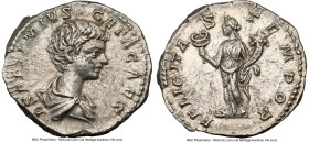 Geta, as Caesar (AD 209-211). AR denarius (19mm, 3.44 gm, 7h). NGC AU 5/5 - 4/5. Rome, AD 198-200. L SEPTIMIVS-GETA CAES PONT, bare headed, draped bus...