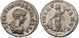 Geta, as Caesar (AD 209-211). AR denarius (19mm, 3.19 gm, 6h). NGC AU 5/5 - 4/5. Laodicea ad Mare, ca. AD 203. P SEPTIMIVS GETA CAES, bare headed, dra...