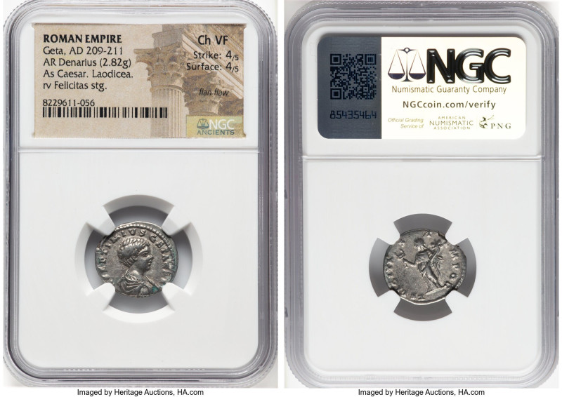 Geta, as Caesar (AD 209-211). AR denarius (18mm, 2.82 gm, 11h). NGC Choice VF 4/...