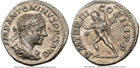 Elagabalus (AD 218-222). AR denarius (18mm, 3.15 gm, 7h). NGC AU 5/5 - 4/5. Rome, AD 220. IMP ANTONINVS PIVS AVG, laureate, draped bust of Elagabalus ...