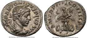 Elagabalus (AD 218-222). AR denarius (19mm, 3.15 gm, 1h). NGC AU 5/5 - 4/5. Rome. IMP ANTONINVS PIVS AVG, laureate, draped, and cuirassed bust of Elag...