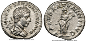 Elagabalus (AD 218-222). AR denarius (19mm, 3.75 gm, 11h). NGC AU 5/5 - 3/5, brushed. Rome. IMP CAES ANTONINVS AVG, laureate, draped bust of Elagabalu...