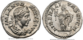 Elagabalus (AD 218-222). AR denarius (19mm, 3.50 gm, 11h). NGC AU 5/5 - 3/5, brushed. Rome, AD 222. IMP ANTONINVS AVG, laureate, draped bust of Elagab...