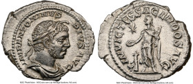 Elagabalus (AD 218-222). AR denarius (21mm, 3.15 gm, 6h). NGC AU 5/5 - 3/5, brushed. Rome, AD 221-222. IMP ANTONINVS-PIVS AVG, horned, laureate, drape...