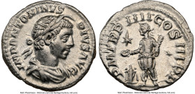 Elagabalus (AD 218-222). AR denarius (19mm, 3.08 gm, 6h). NGC AU 5/5 - 3/5, brushed. Rome, AD 221. IMP ANTONINVS-PIVS AVG, horned, laureate, and drape...