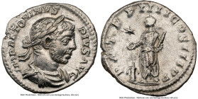 Elagabalus (AD 218-222). AR denarius (19mm, 2.54 gm, 5h). NGC AU 4/5 - 3/5, brushed. Rome, AD 221-222. IMP ANTONINVS-PIVS AVG, horned, laureate, drape...