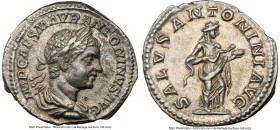Elagabalus (AD 218-222). AR denarius (20mm, 2.76 gm, 5h). NGC Choice XF 5/5 - 5/5. Rome. IMP CAES M AVR-ANTONINVS AVG, laureate, draped, cuirassed bus...