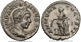 Elagabalus (AD 218-222). AR denarius (18mm, 2.69 gm, 5h). NGC Choice XF 5/5 - 3/5, brushed. Rome. IMP ANTONINVS AVG, laureate, draped bust of Elagabal...