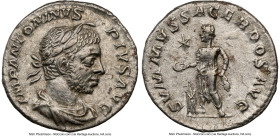 Elagabalus (AD 218-222). AR denarius (18mm, 2.49 gm, 12h). NGC Choice XF 5/5 - 2/5, scratches. Rome, AD 221-222. IMP ANTONINVS-PIVS AVG, horned, laure...