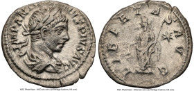 Elagabalus (AD 218-222). AR denarius (20mm, 7h). NGC XF. Rome. IMP ANTONINVS PIVS AVG, laureate, draped bust of Elagabalus right, seen from behind / L...