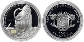 Ivory Coast, 1000 Francs, 2010, Prehistoric Animals Series - Mammoth. Mintage: 2.500 pcs. A real piece of prehistoric fossilized Mammoth tooth is inse...