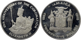 Jamaica, 25 Dollars, 1978, 25th Anniversary of the Coronation of Queen Elizabeth II. Mintage: 22.000 pcs. Ag.925 136,08 g, Hairlines, KM 76, PROOF