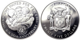 Jamaica, 25 Dollars, 1995, 50th Anniversary of the United Nations. Ag.925 28,28 g , KM 173, PROOF