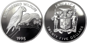 Jamaica, 25 Dollars, 1995, Endangered wildlife - Black-Billed Parrot. Mintage: 10.000 pcs. Ag.925 28,28 g , KM 174, PROOF