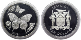 Jamaica, 10 Dollars, 1979, Butterfly Caribbean fauna - The Jamaican machaon. Mintage: 8.308 pcs. Ag.925 42,80 g, KM 79a, PROOF