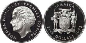 Jamaica, 5 Dollars, 1973, Norman W. Manley. Mintage: 36.000 pcs. Ag.925 41,48 g, KM 59, PROOF