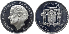Jamaica, 5 Dollars, 1977, Norman W. Manley. Mintage: 10.000 pcs. Ag.500 37,80 g, KM 62a, PROOF
