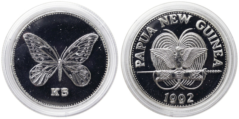 Papua New Guinea, 5 Kina, 1992, Queen Alexandra Butterfly. Mintage: 750 pcs. Ag....