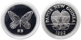 Papua New Guinea, 5 Kina, 1992, Queen Alexandra Butterfly. Mintage: 750 pcs. Ag.925 23,33 g Rare, KM 34, PROOF
