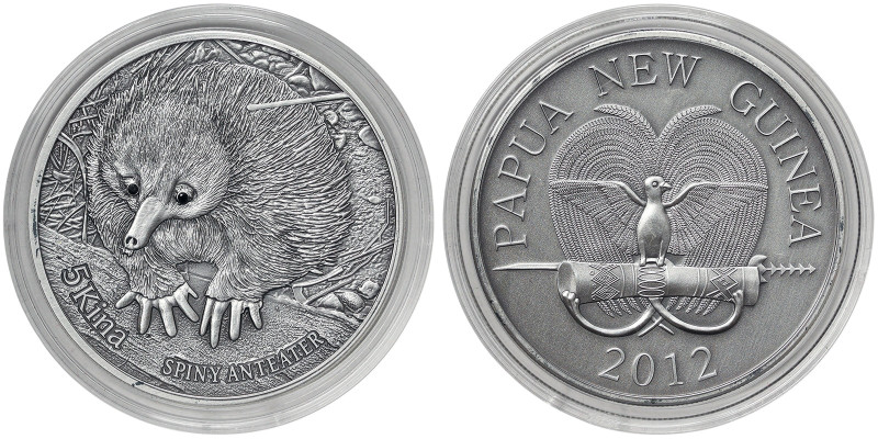 Papua New Guinea, 5 Kina, 2012, Spiny Anteater. Mintage: 1.000 pcs. Ag.999 1 Oun...