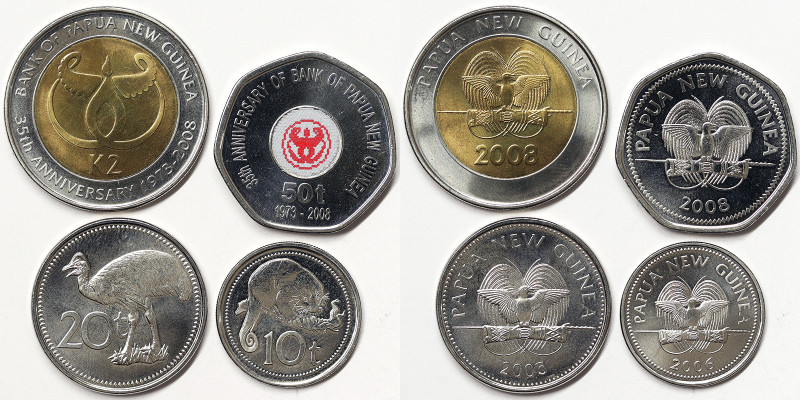 Papua New Guinea, Lot 4 pcs. 2 Kina 2008. 50 Toea 2008. 20 Toea 2005. 10 Toea 20...