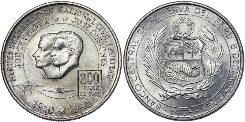 Peru, 200 Soles de oro, 1975, Aviation Heroes - Chavez and Quiñones. Ag.800 22,1...