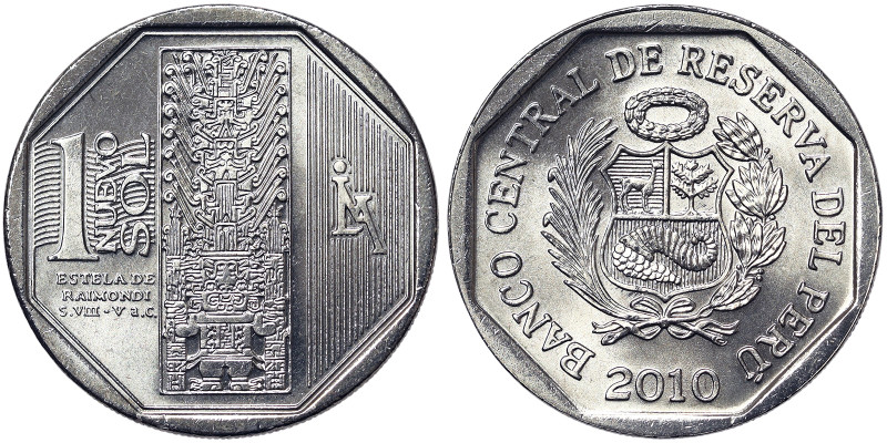 Peru, 1 Nuevo Sol, 2010, Estela de Raimondi. Ni. 7,32 g, KM 342, UNC