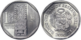 Peru, 1 Nuevo Sol, 2010, Estela de Raimondi. Ni. 7,32 g, KM 342, UNC