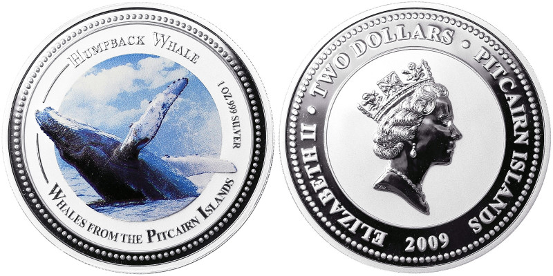 Pitcairn Islands, 2 Dollars, 2009, Humpback Whale. Mintage: 5.000 pcs. Ag.999 1 ...