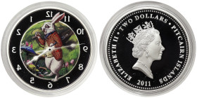 Pitcairn Islands, 2 Dollars, 2011, Alice in Wonderland - White Rabbit clock. Mintage: 15.000 pcs. Ag.999 1 Ounce / 1 Oz, KM 64, PROOF