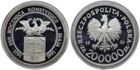 Poland, 200.000 Zlotych, 1991, 200th Anniversary of the Constitution of May 3. Ag.999 38,90 g, Y 218, PROOF