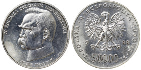 Poland, 50.000 Zlotych, 1988, 70th Anniversary of Poland Regaining Independence - Jozef Pilsudski. Ag.750 19,30 g, Y 180, UNC