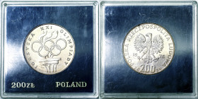 Poland, 200 Zlotych, 1976, XXI Olympics. With original case. Ag.625 14,47 g, Y 86, UNC