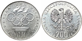 Poland, 200 Zlotych, 1976, XXI Olympics. Ag.625 14,47 g, Y 86, UNC